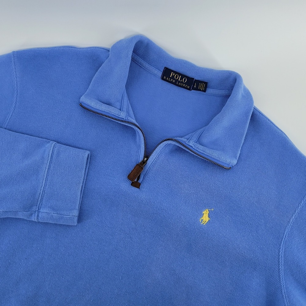 Polo Ralph Lauren Quarter Zip Pullover Mens Large Blue Ribbed Cotton Sweater